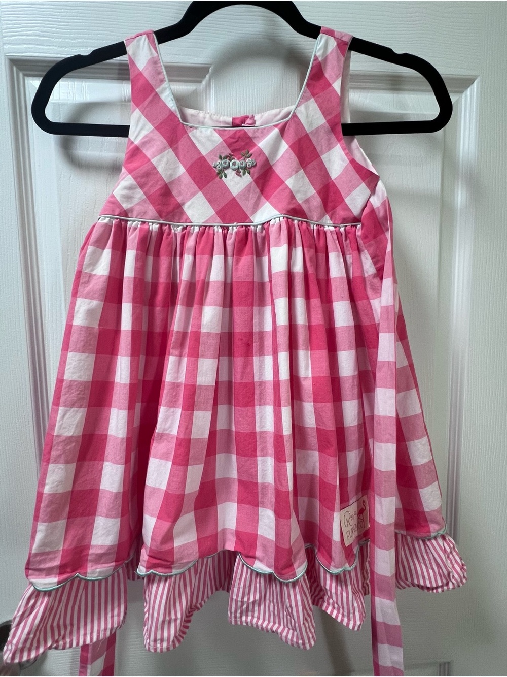 Rosa Flamenco Girls Pink Gingham Stripe Ruffle Embroidered Yolk Summer Dress 5/6